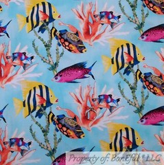 BonEful FABRIC FQ Cotton Quilt Aqua Blue Water Yellow B&W FISH Stripe Coral Reef