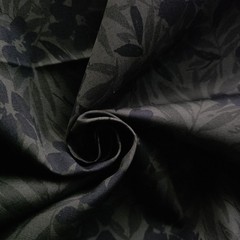 TONAL PRINT Dark Navy Flowers w/ Dark Green on Dark Gray Cotton Light Shirting