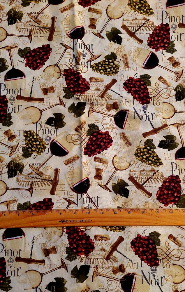 Wine Glasses, wine names, grapes, cork screw on cream cotton fabric 17″ Piece