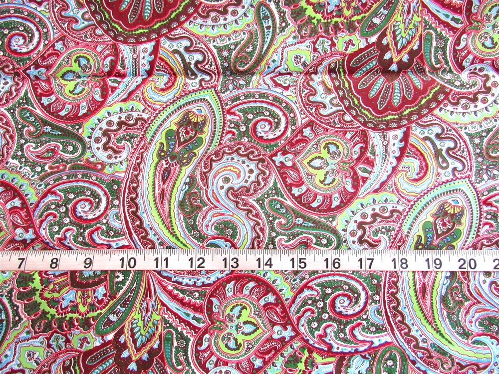 1 5/8 yd x 60″ Cotton Fabric Dark Red Green Blue White Paisley All Over