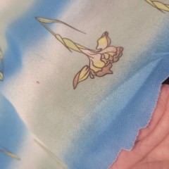 Vtg Polyester Knit Fabric Yellow Iris Floral Print Blue Stripe Sewing Material