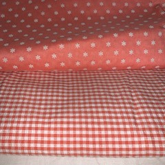 Flocked Orange Fabric daisy 44×72″ + Seersucker Gingham 36×44″ Vtg Lot of 2