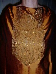 2yds COGNAC THAI SILK HAND GOLD BEADED NECK BIB RHINESTONES FABRIC IRIDESCENT