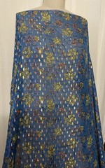 100% Silk Georgette Blue Gold Lurex Metallic Floral Fabric by the Yard 54″ Wide