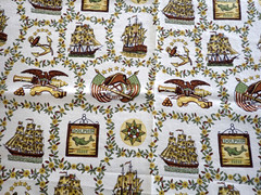 Vintage Americana Patriotic US Navy Colonial Fabric Remnant-Ships, Flags, Eagles