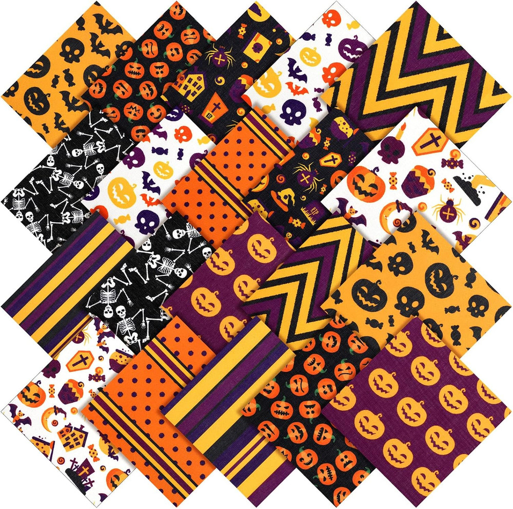 20 Pieces 10 x 10 Inch Halloween Fabric Quilting Bat Pumpkin Skull Print Patchwo
