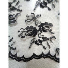 Black Lace Fabric Flowers On Mesh Scalloped Edge Lightweight 1 Yard Piece