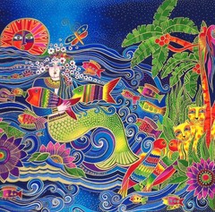 ~Ocean Songs~ Laurel Burch Fabric Sea Mermaid Panel Fish Flowers 22.5″ X 22″