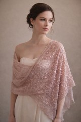 Vintage Silk Chiffon Payette Sequin Embroidery Fabric Shawl Raw Edge Blush Pink