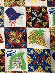 Retro Fabric Colorful Patchwork Cheater Quilt Piece 26” X 44”Bonnets Birds Red