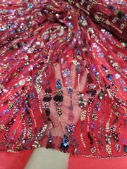 Fabric Sold By The Yard Red Beaded Lace Sequin Floral Embroidery Mesh For Dress