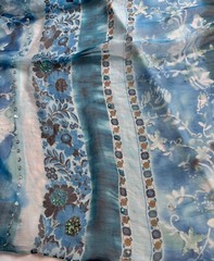 Beaded Blue Boho Floral Stripe – Crinkle Silk Chiffon Fabric