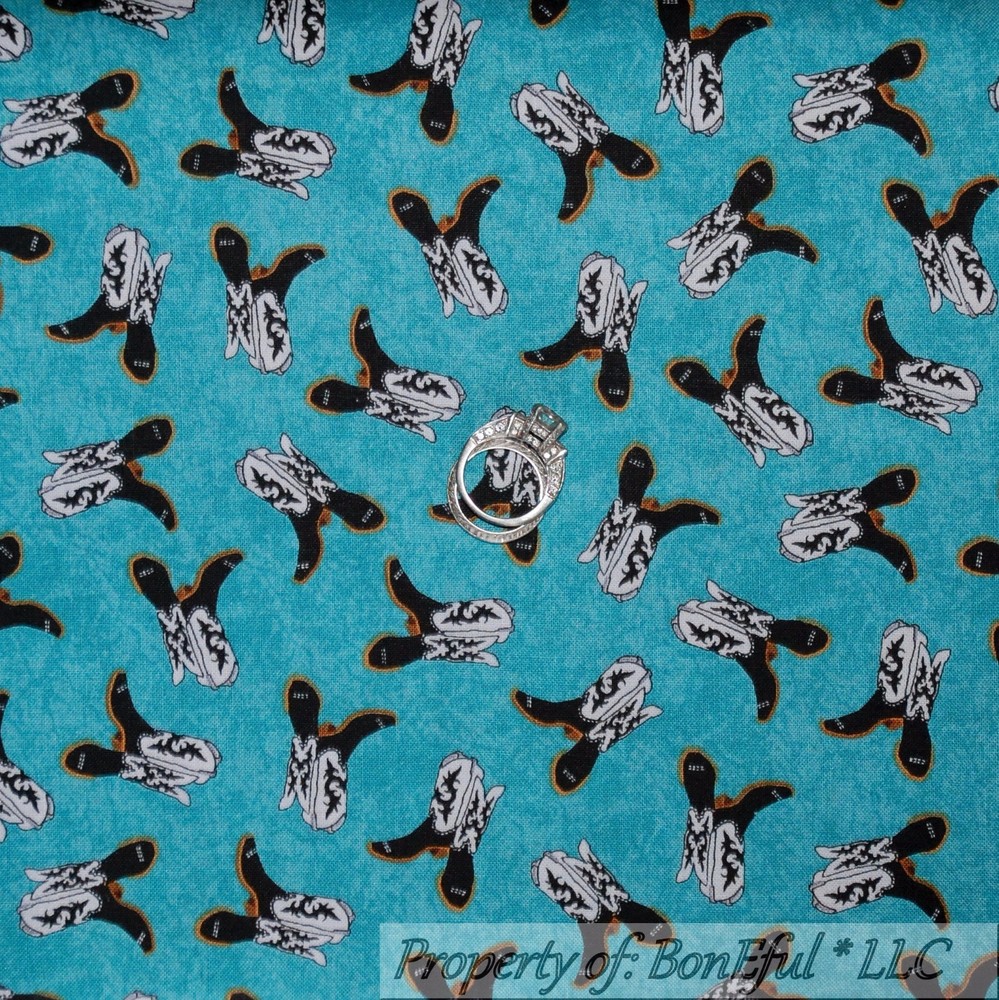 BonEful Fabric FQ Cotton Quilt Blue Black White Leather Cowgirl Boots Holiday US