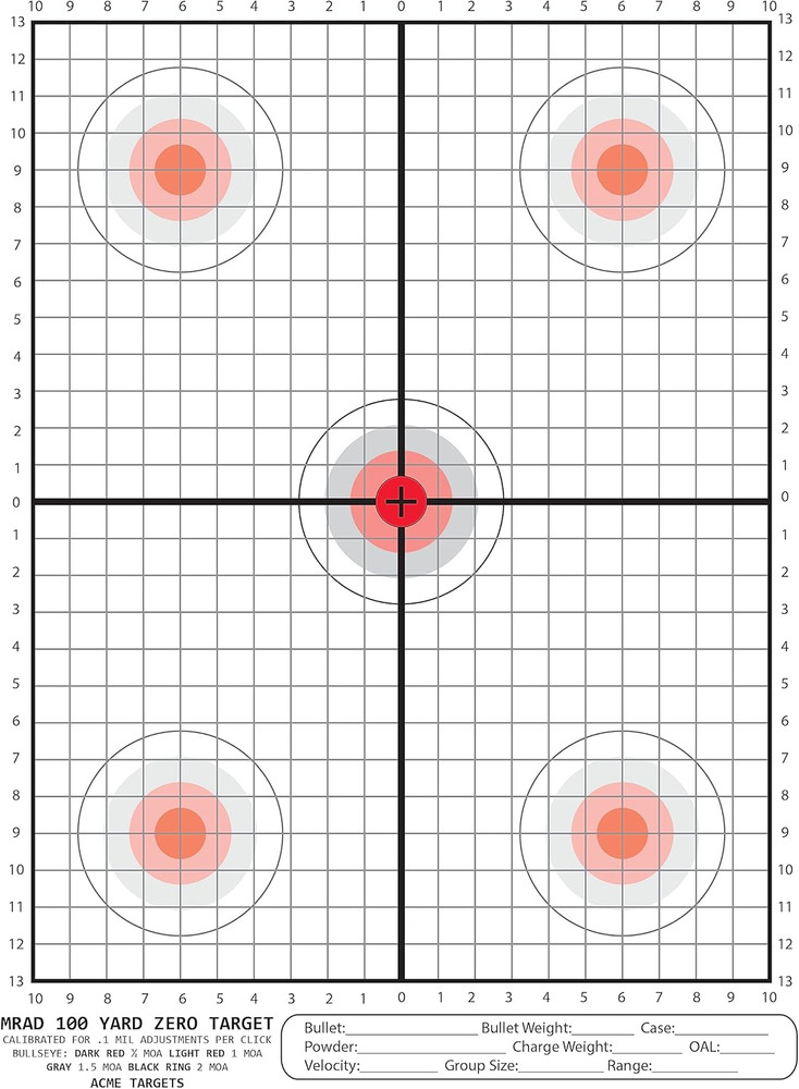 MRAD 100 Yard Zero Target Calibrated for .1 Mil Adjustment per Click. 100 Yard S