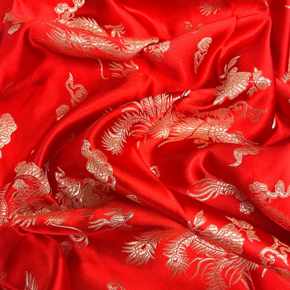 Arisa RED Gold Dragon Brocade Chinese Satin Fabric for Cheongsam/Qipao, Apparel