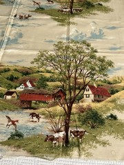 Vintage United Fabrics Silk Blend Scenic Slub Fabric Remnant Country Scene 44×30