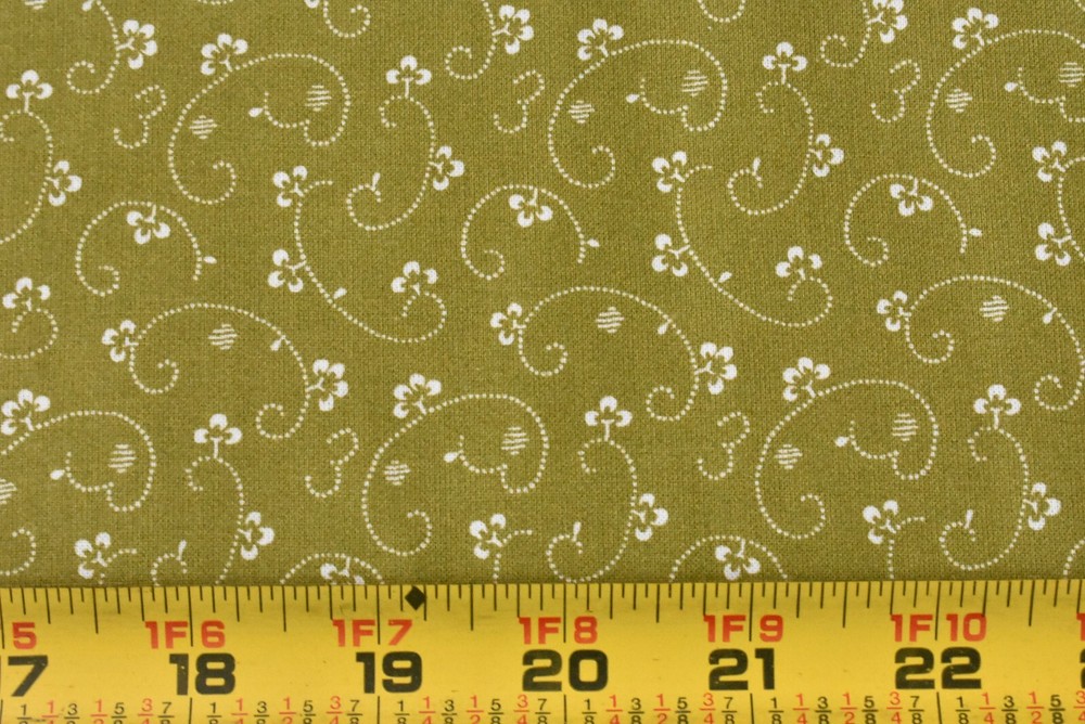 By 1/2 Yd, White Flowers & Scrolls on Olive-Green Quilt Cotton, P8455