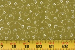 By 1/2 Yd, White Flowers & Scrolls on Olive-Green Quilt Cotton, P8455