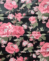 1 yard Marcus Brothers Textiles Fabric Black w Floral Pink Mauve Roses x44″ wide