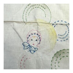 Vintage Hand Embroidered Baby Doll Child Faces & Printed Fabric 56.5 x 33.5 SEE