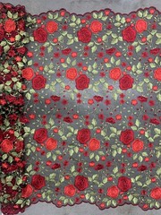 Iris RED Floral and Leaves Embroidery on BLACK Mesh Lace Fabric by the Yard – 1