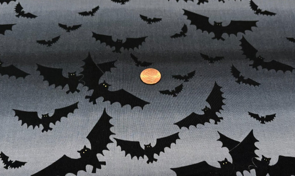 Black Bats* Yellow Eyes* Flying on Grey/Black * Northcott *100% Cotton* 8″x22″