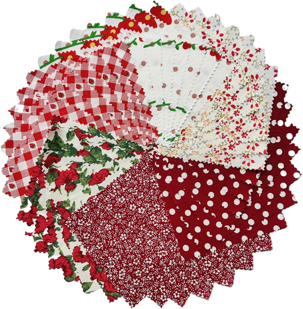Red Floral Fabric Squares 5X5 Inch, 42 Pcs 100% Cotton Charm Packs for Quilting,