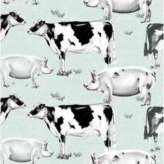 By The Yard, Pigs & Cows Farmyard $3.99 Ships ANY Amount Of Cotton Fabric