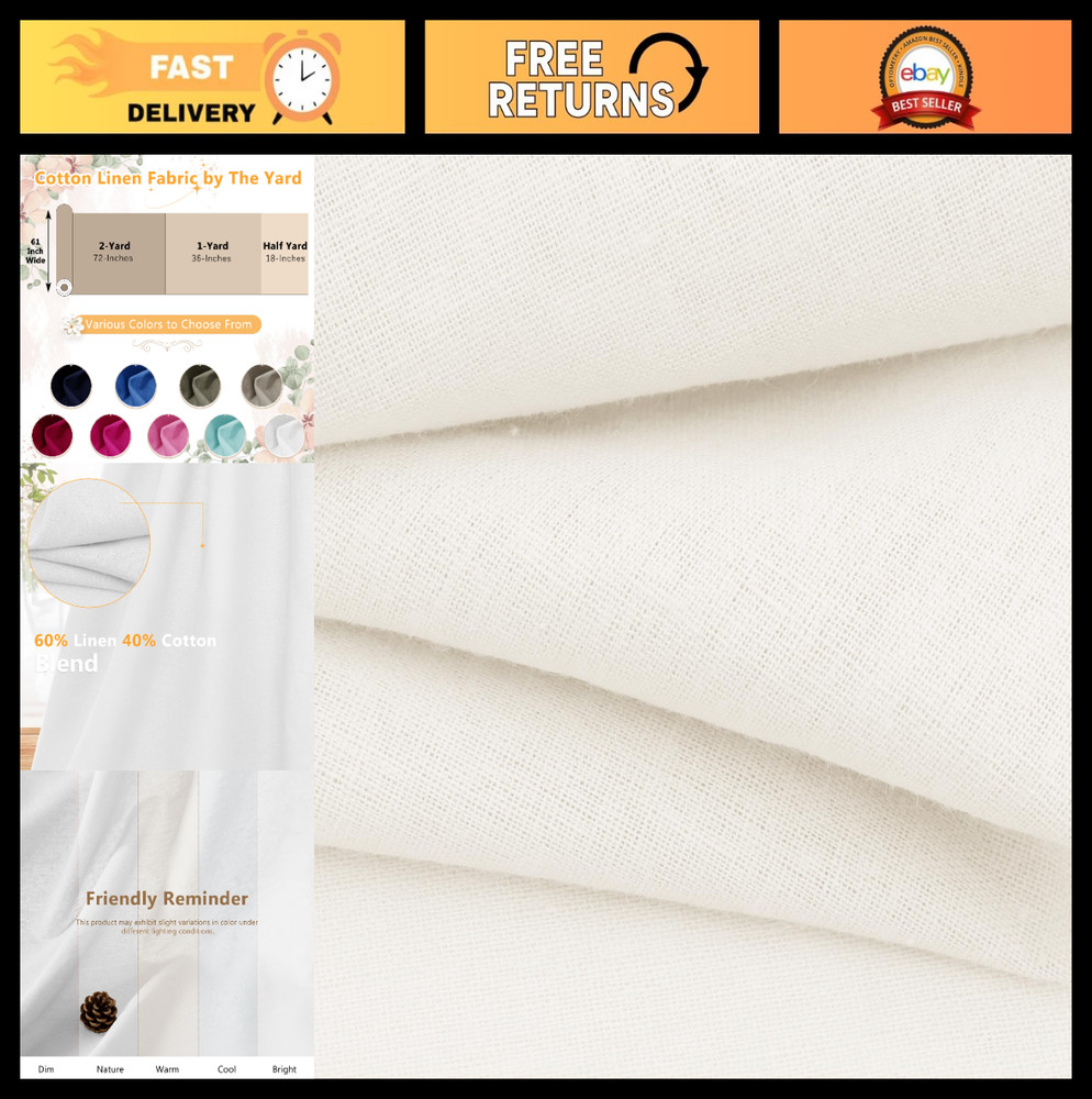 White Linen Cotton Fabric 2 Yards 61″ Wide | Breathable Soft Blend for Sewing, E