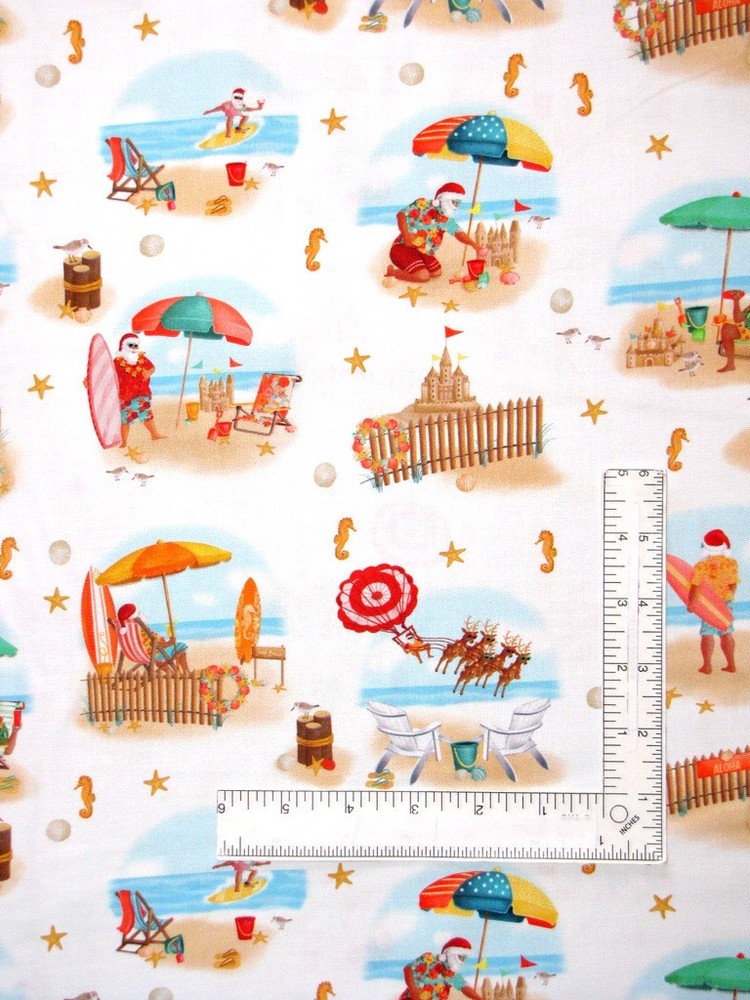 Christmas Santa Beach Fabric By The Yard White Nautical Vacation Cotton Benartex
