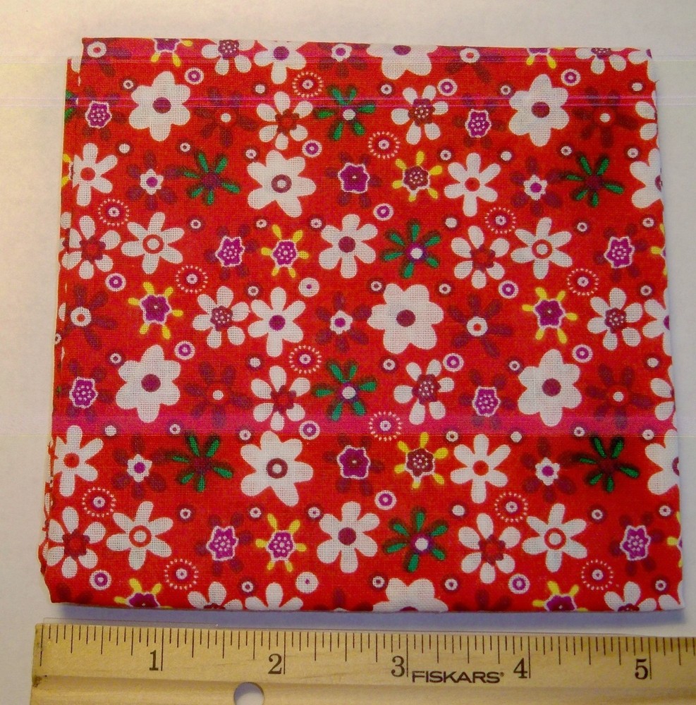 Antetek Fabrics Floral White Green Yellow on Red Cotton Fat Quarter