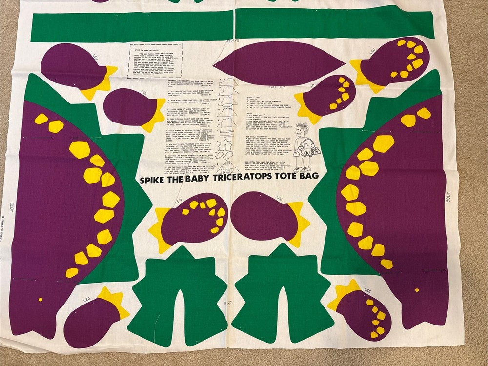 Vtg Cut N Sew Spike the Baby Triceratops Canvas Fabric Tote Bag Princess Fabrics