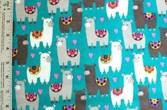 BTY*FACE MASK*WHITE/GREY LLAMAS WITH SADDLES ON TURQUOISE FLANNEL FABRIC 42X36″