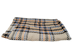 Vtg Jacquard Woven Fabric 47″ X 109″ Plaid Orange Black Blue White Tan Retro