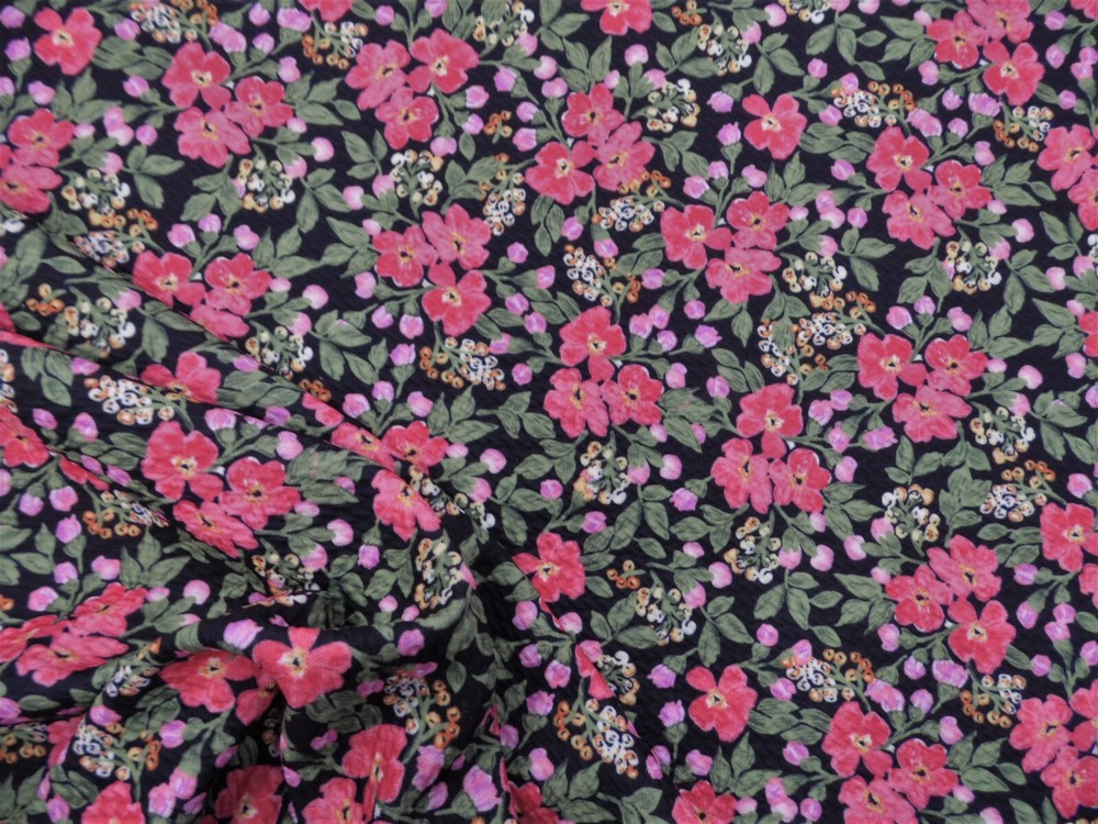 Bullet Printed Liverpool Textured Fabric Stretch Black Red Pink Green Floral V40