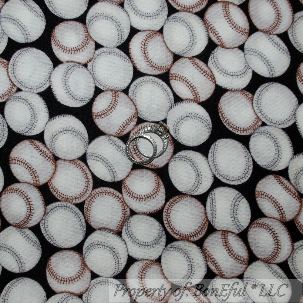 BonEful FABRIC FQ Cotton Quilt B&W Gray Tan Red Ball Baseball Soft Sport Antique