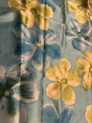 Vtg Silk Fabric Chinese 43” X 118” Large Floral Print Pattern Blue And Yellow