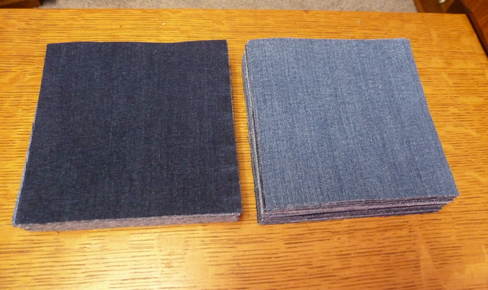 :) 40–5″ x 5″ blue jean denim quilt squares, MEDIUM weight, hand cut, interface