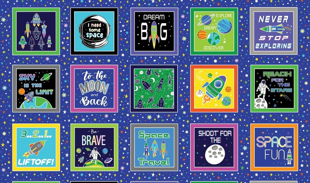 Lift Off Space Galaxy Astronuat Planets Rocket Shuttle Fabric Panel 23″ #12601