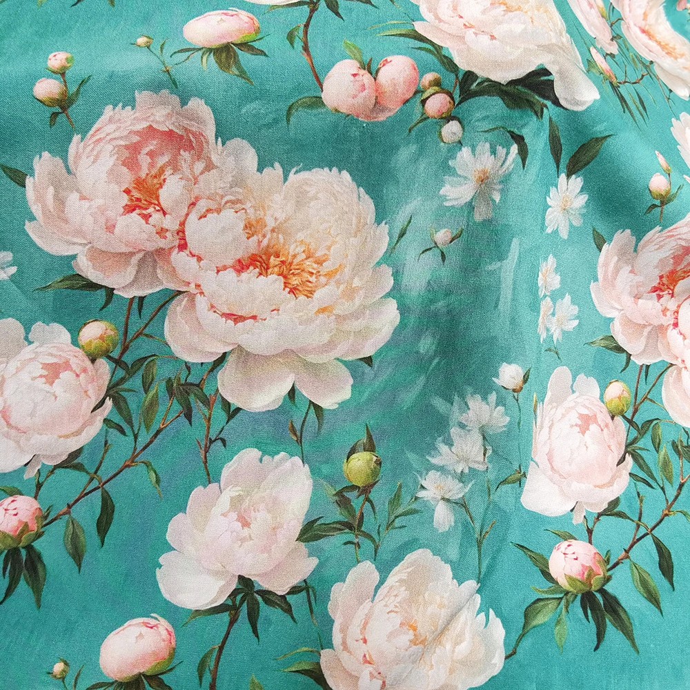 Green Big Flower Fabric 55” Wide By Yard Soft Dress Robe Material Viscose Rayon