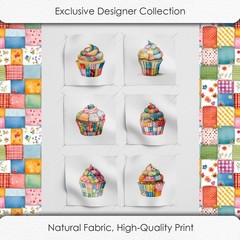 Patchwork Cupcake Fabric Panel Continuous Cotton Satin 6 Squares 9.8×9.8 Inch
