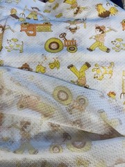 VTG `70`s Novelty Juvenile Farm Print Waffle Single Knit on White 62″x16″