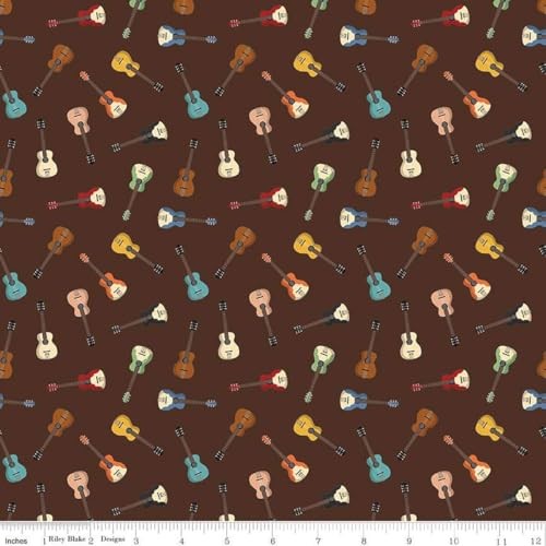Cowboys Guitars Brown Cotton Fabric by The Yard