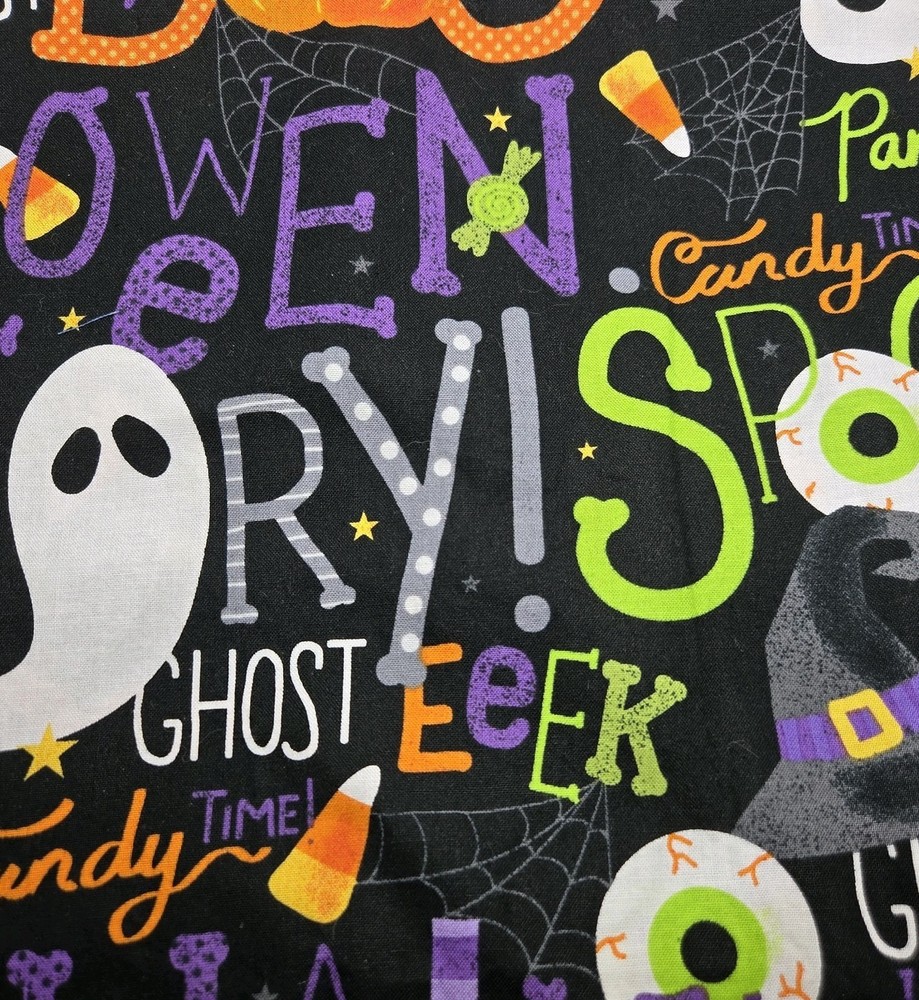 Hobby Lobby Halloween Fabric Black Background Ghosts Witch Shoe Pumpkin 1-7/8yd+