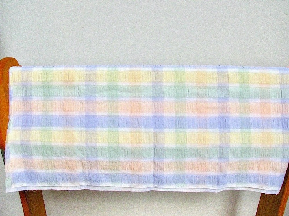 Vintage White Seersucker Fabric Pastel Multicolor Wide Stripe Plaid 1 3/8 yd