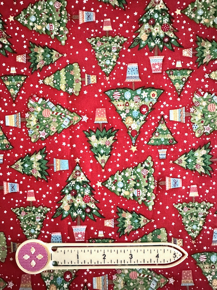 Christmas Trees with Holiday ornaments on red by Makower BTHY Gorgeous details!
