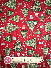 Christmas Trees with Holiday ornaments on red by Makower BTHY Gorgeous details!