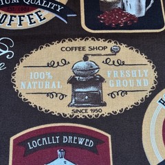 1/2 yard cut cotton fabric – Morning Coffee Various Coffee Signs – Brown Tan