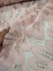 Floral 3D Lace Pink Embroidered Beaded Flowers Mesh Fabric Sold By The Yard Prom