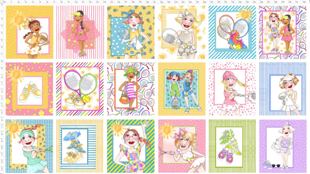 Sport Tennis Racquet Lady Player Fabric 24″ Panel 44″W Cotton Loralie Designs